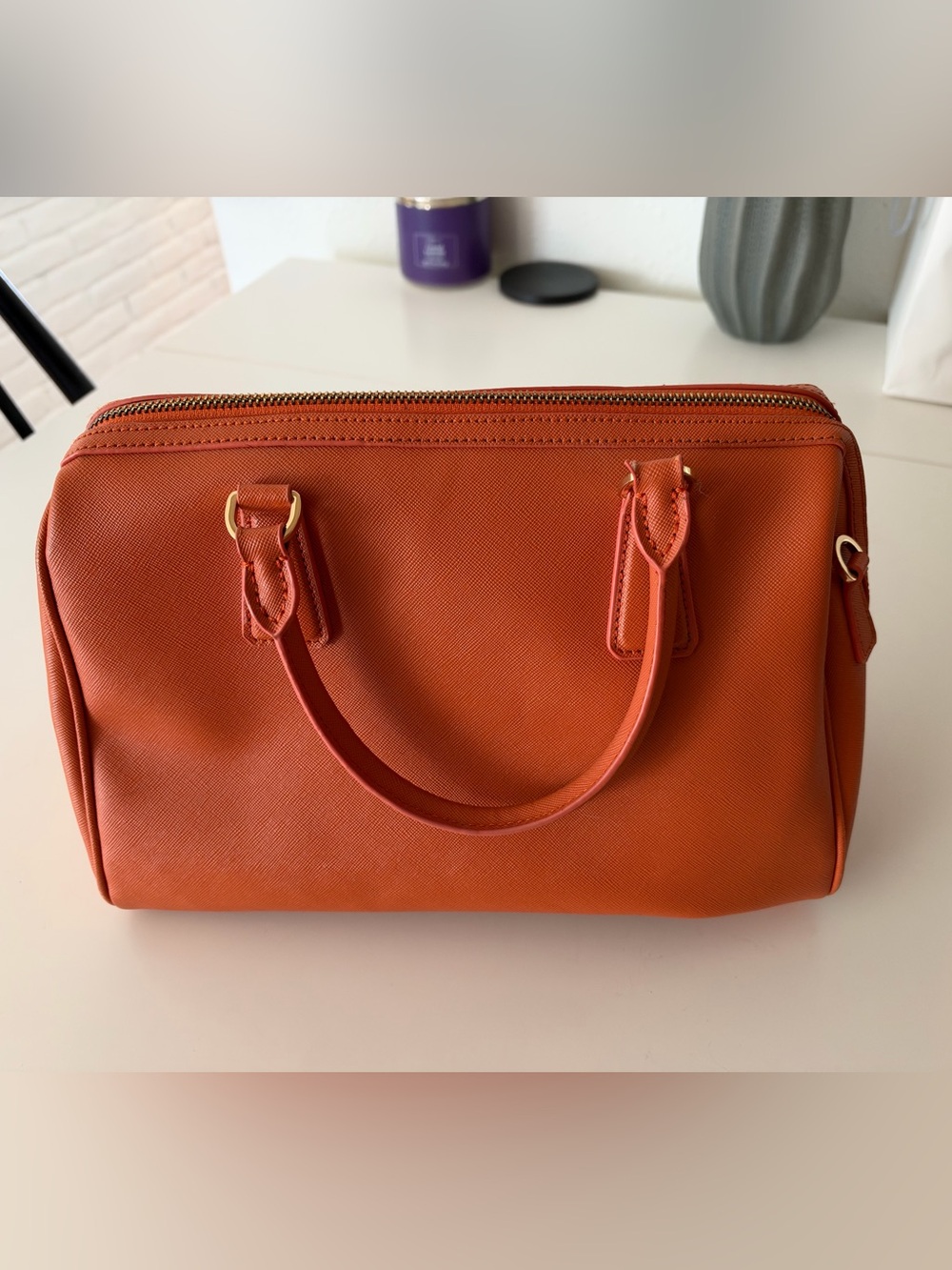 Prada Saffiano Lux Bowler Bag Papaya Orange Leather Top Handle Satchel - Picture 5 of 15